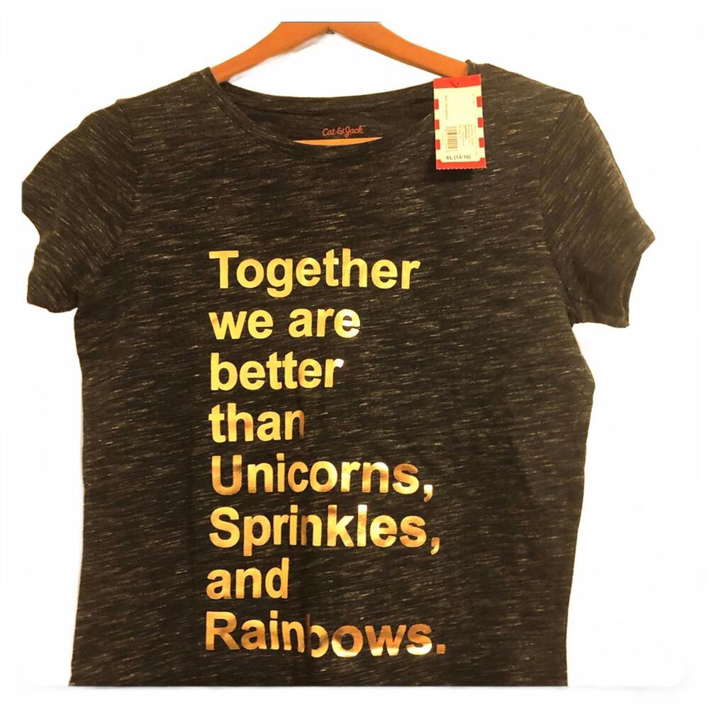 Girls Spacedye black graphic T-shirt with gold words.